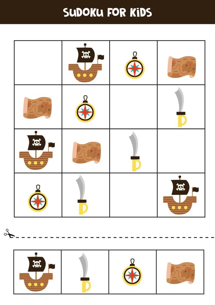 juego educativo de sudoku con elementos piratas para niños. vector
