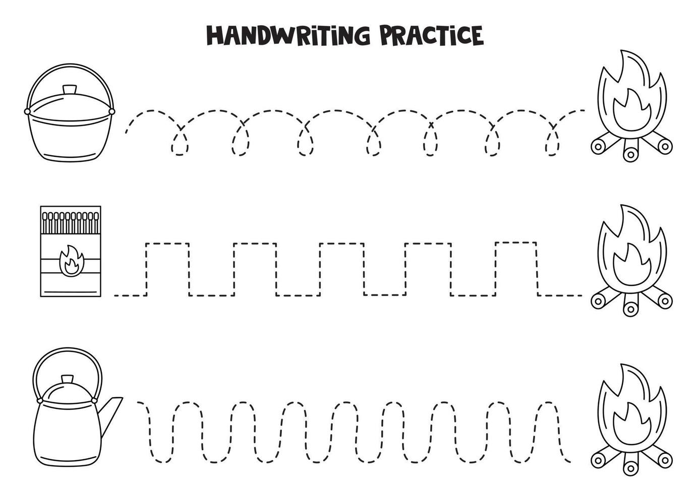 trazando líneas para niños. elementos para acampar Practica de la escritura. vector