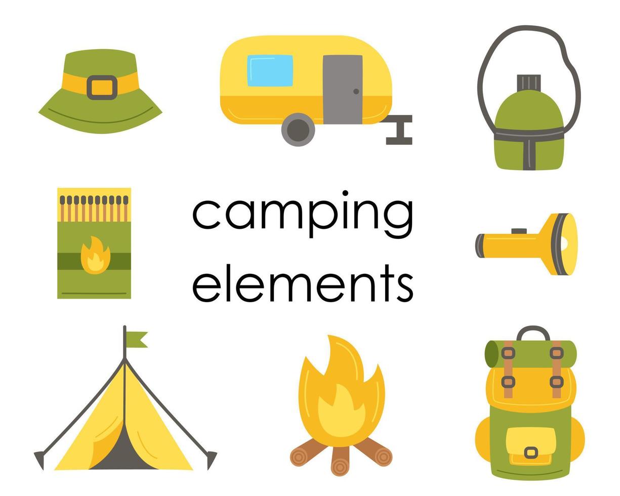 Set of flat camping elements for creating logos, cards and posters. vector