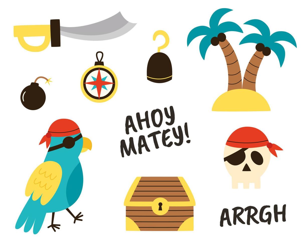 conjunto de elementos piratas dibujados a mano para crear logotipos, tarjetas, hojas de trabajo y carteles. vector