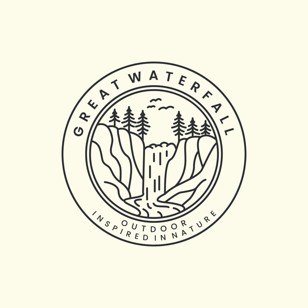 great waterfall with linear and emblem style logo icon template design. tree, nature, outdoor, vector illustration