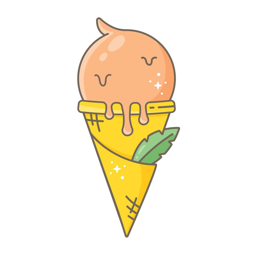 A melting scoop of pink ice cream in a waffle cone. Vector isolated image in flat style on white background. Cartoon style with outline stroke. The design is suitable for stickers, menus, posters.