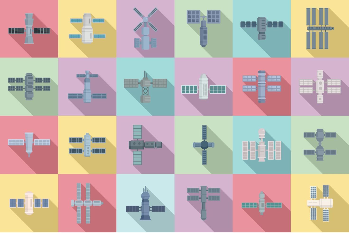 Space station icons set, flat style vector