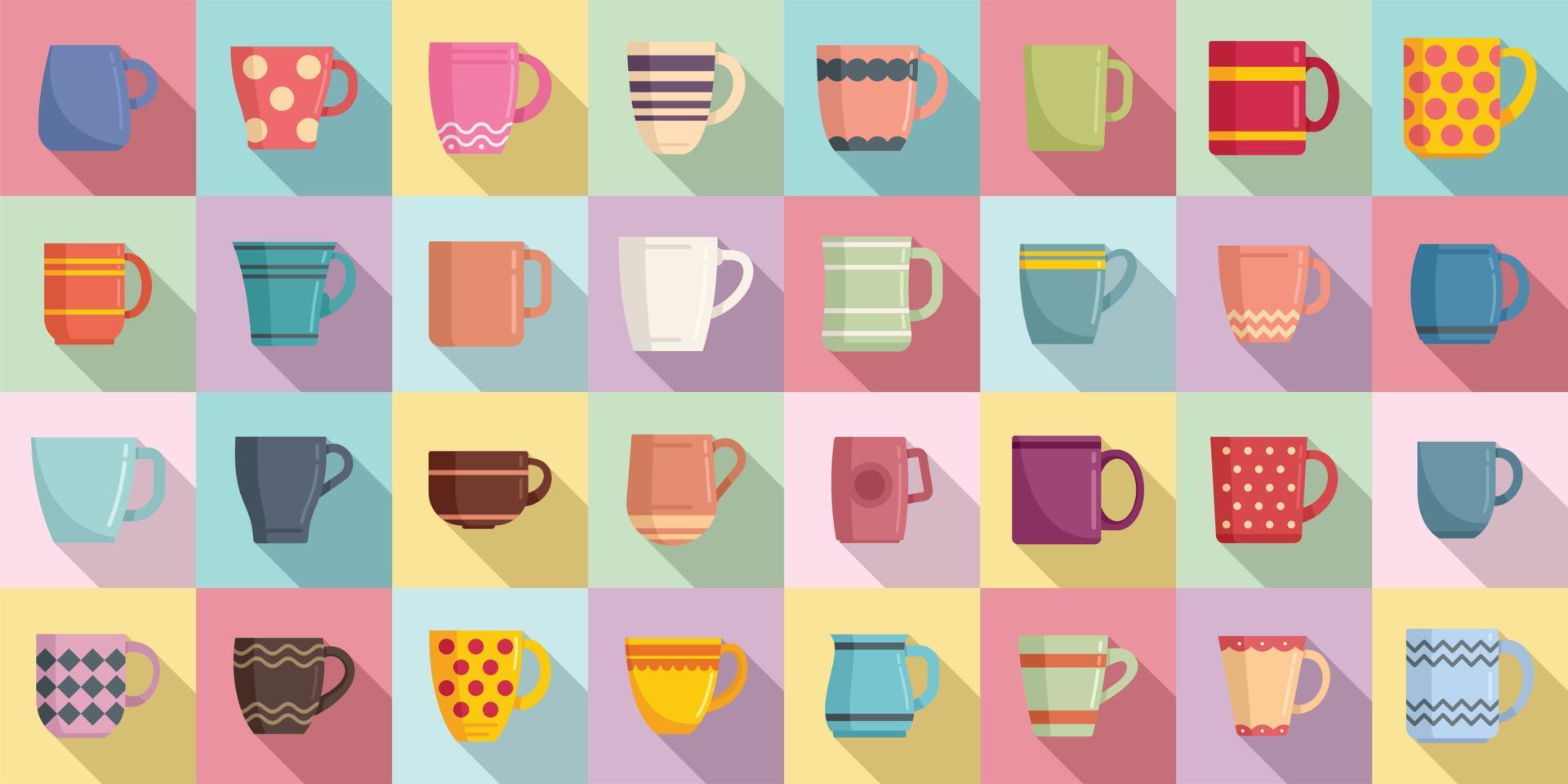 conjunto de iconos de taza vector plano. taza de café