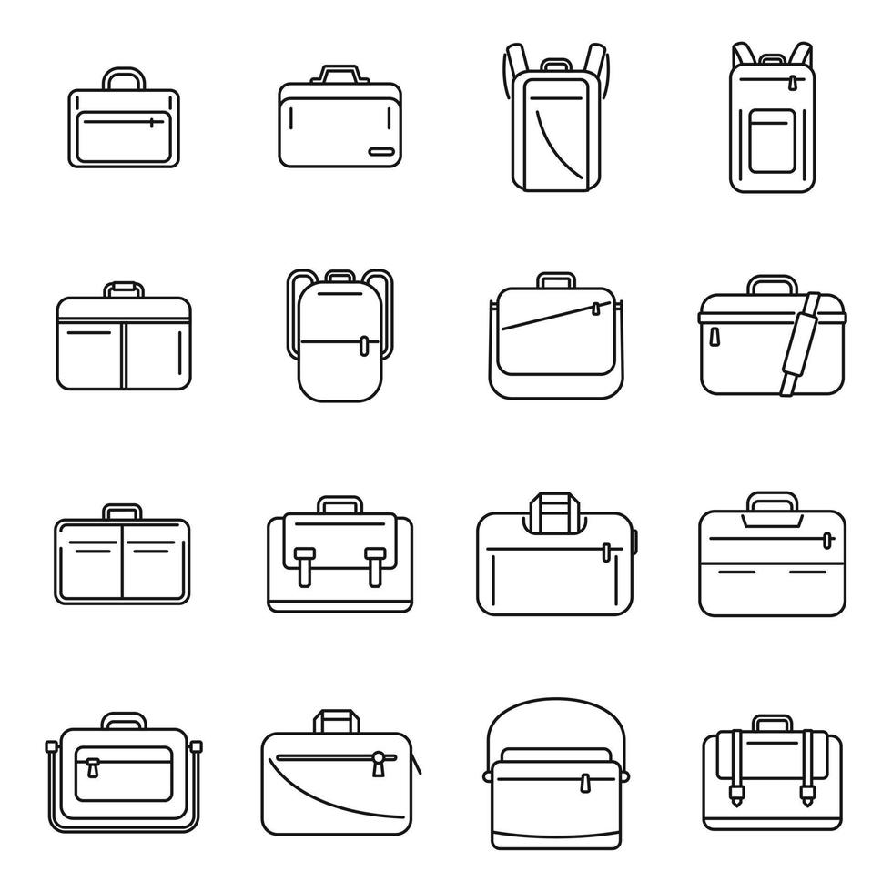 los iconos de la bolsa del portátil establecen el vector de contorno. caja de la computadora