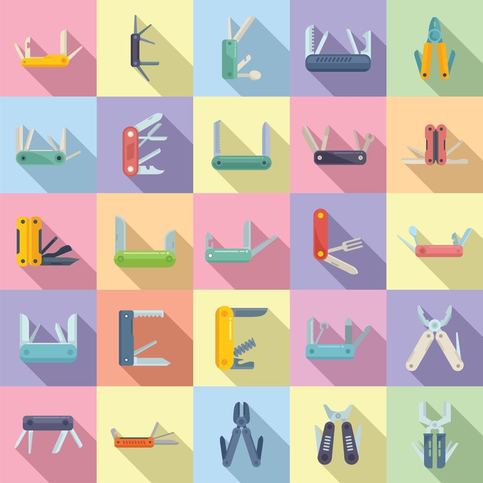 Multitool icons set flat vector. Multifunctional knife vector