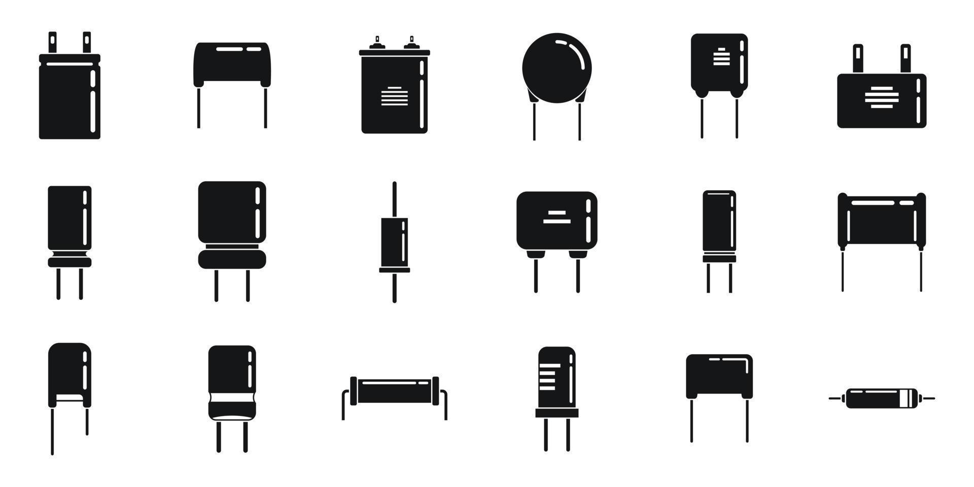 Capacitor icons set simple vector. Polyester ceramic capacitor vector