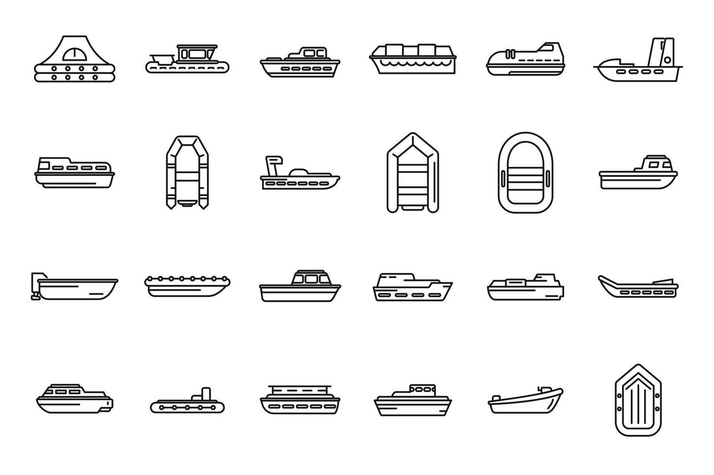 conjunto de iconos de bote de rescate vector de contorno. ayuda marítima