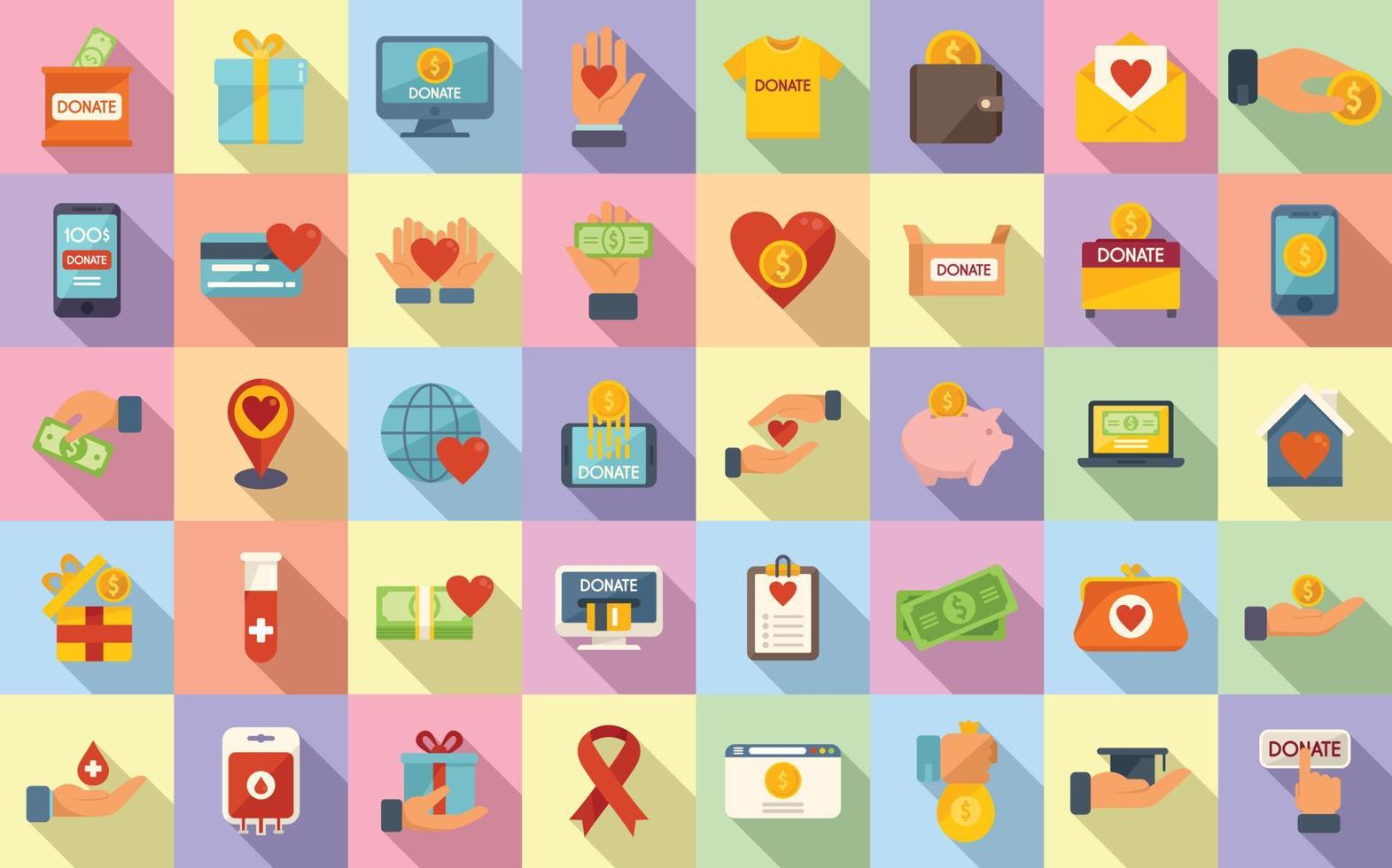 Charitable giving icons set flat vector. Donate food vector