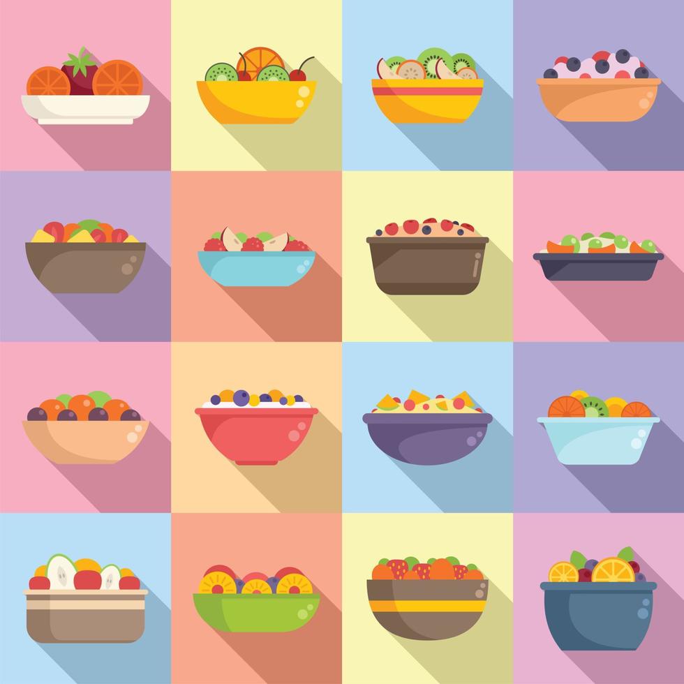 conjunto de iconos de ensalada de frutas vector plano. calorías de la comida