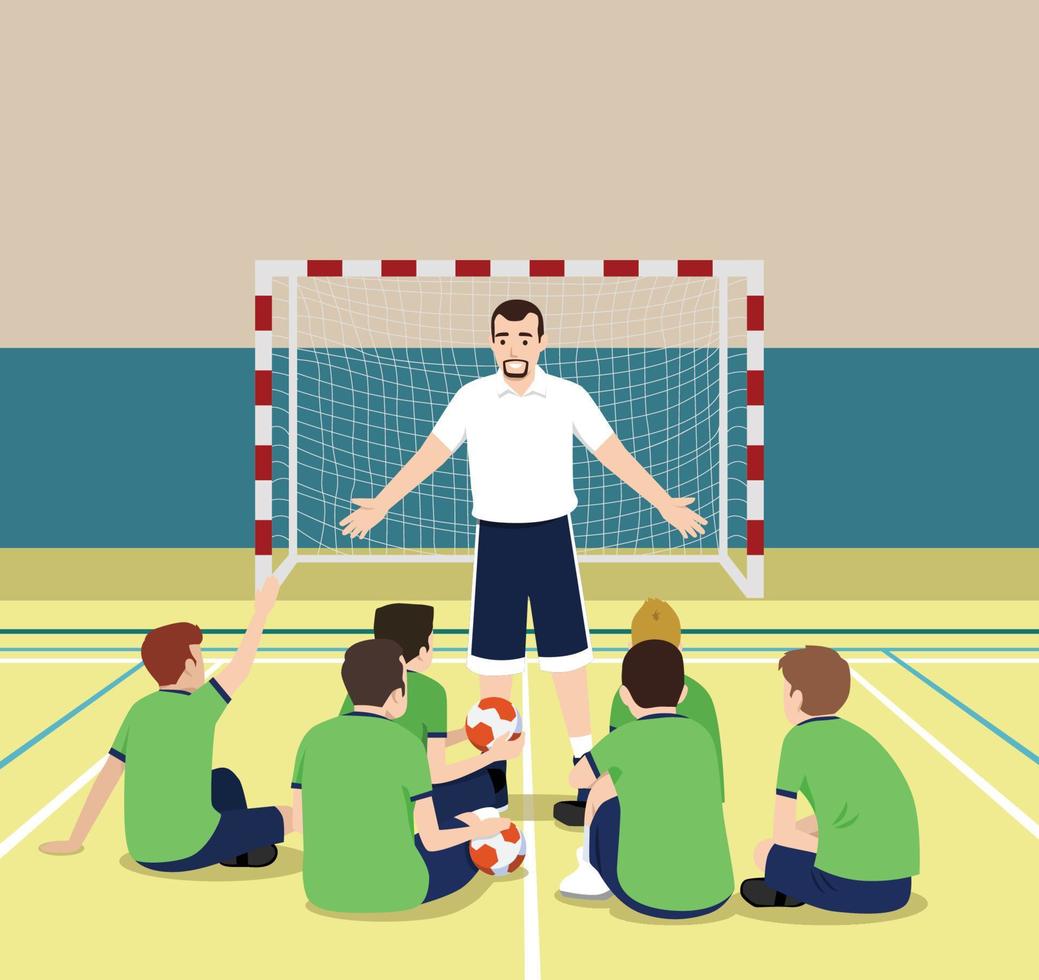 una ilustración vectorial de jugadores en el vestuario escuchando al entrenador hablar vector