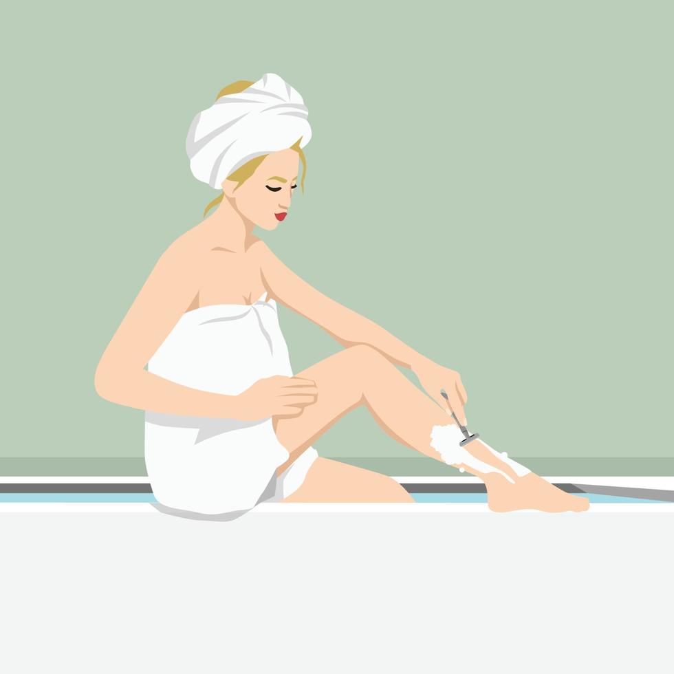 Beauty, skincare, depilation concept. Young cheerful woman in towel on body and head does depilation. Skincare makes people beautiful. Happy girl shaves legs in bathroom. Simple flat vector