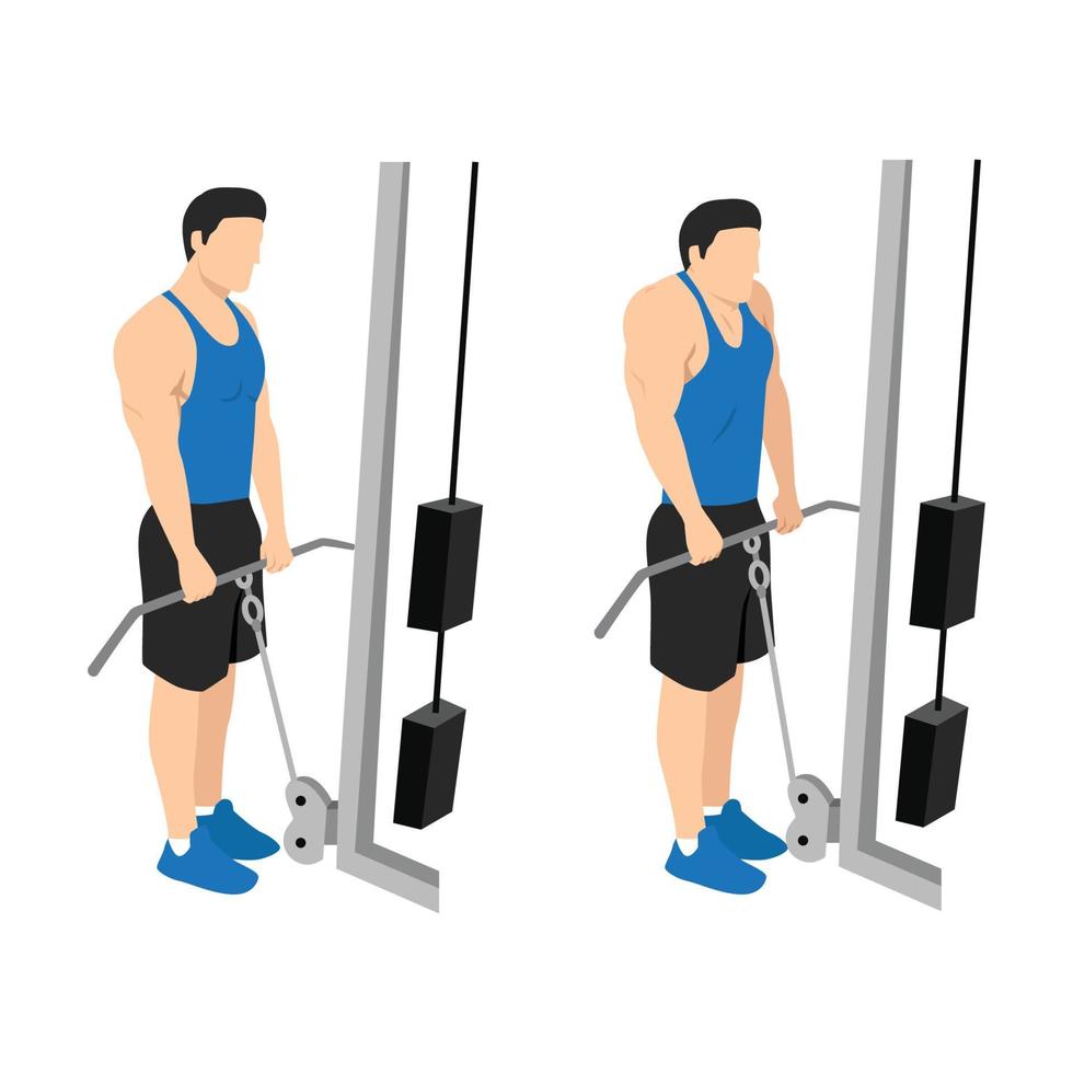 Man doing cable shrugs exercise flat vector illustration isolated on white background