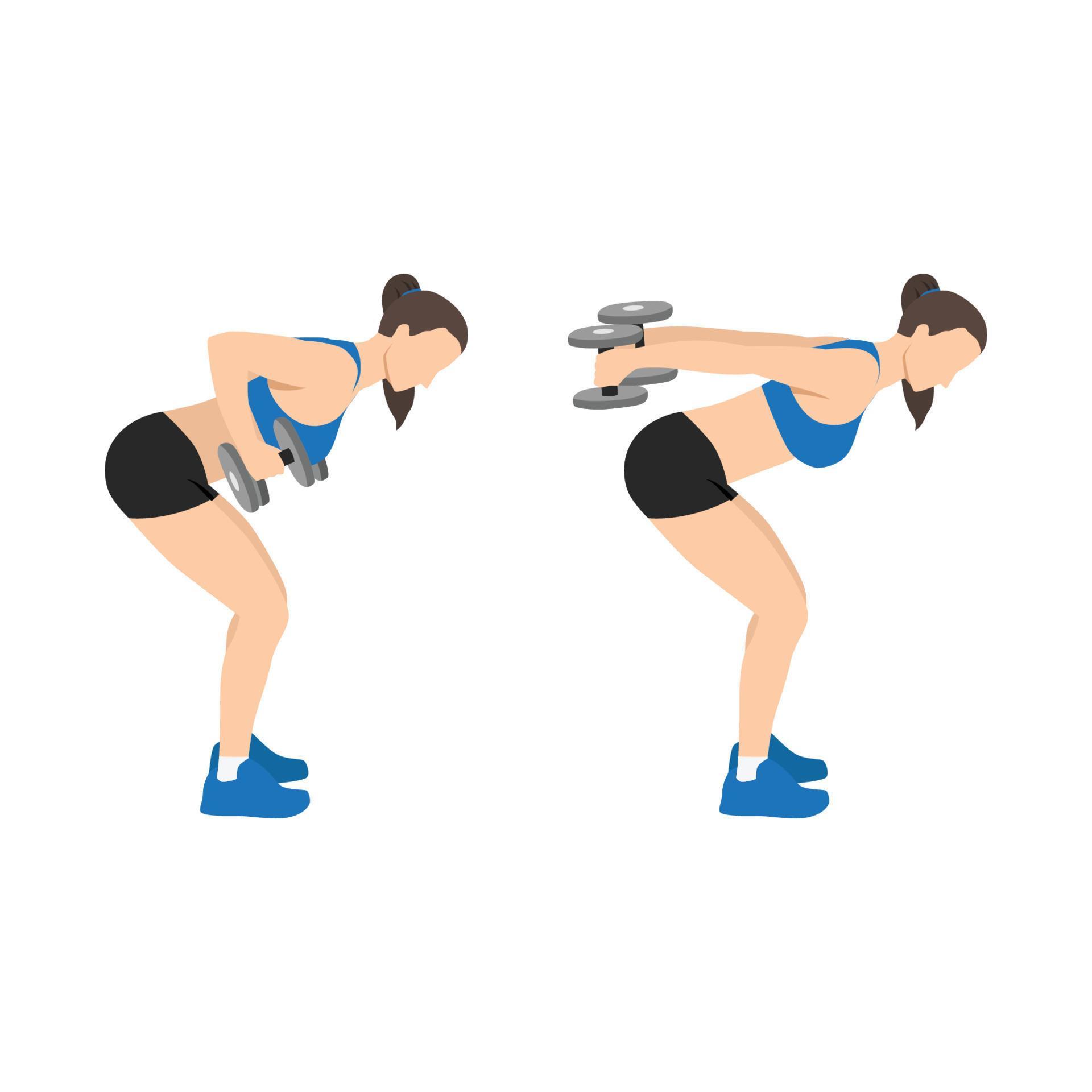 Woman doing bent over double arm tricep kickbacks exercise flat vector