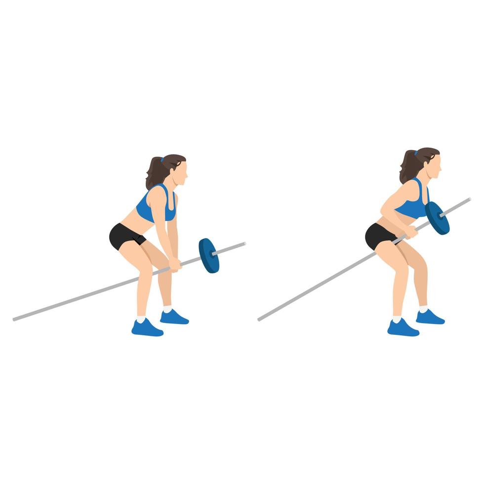 Woman doing bent over two arm long barbell. T-bar rows exercise flat vector illustration isolated on white background