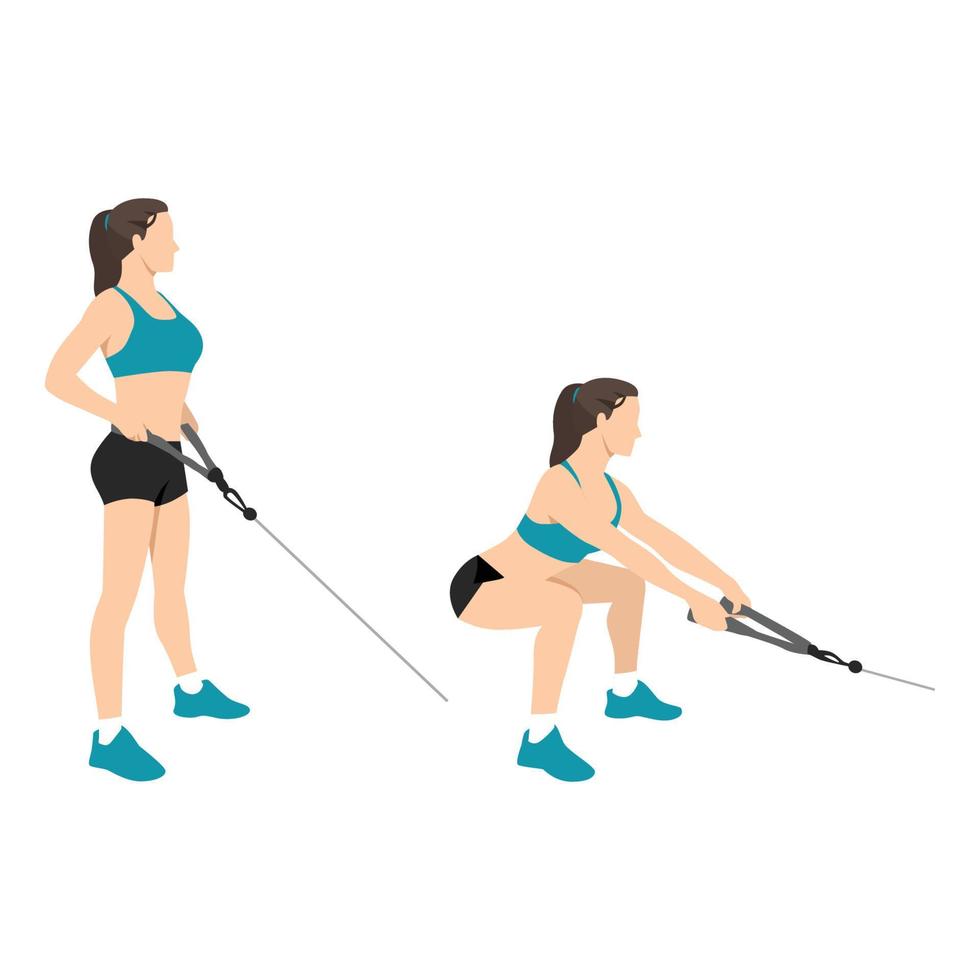 Woman doing cable squat rows exercise flat vector illustration isolated on white backgound. Row squats