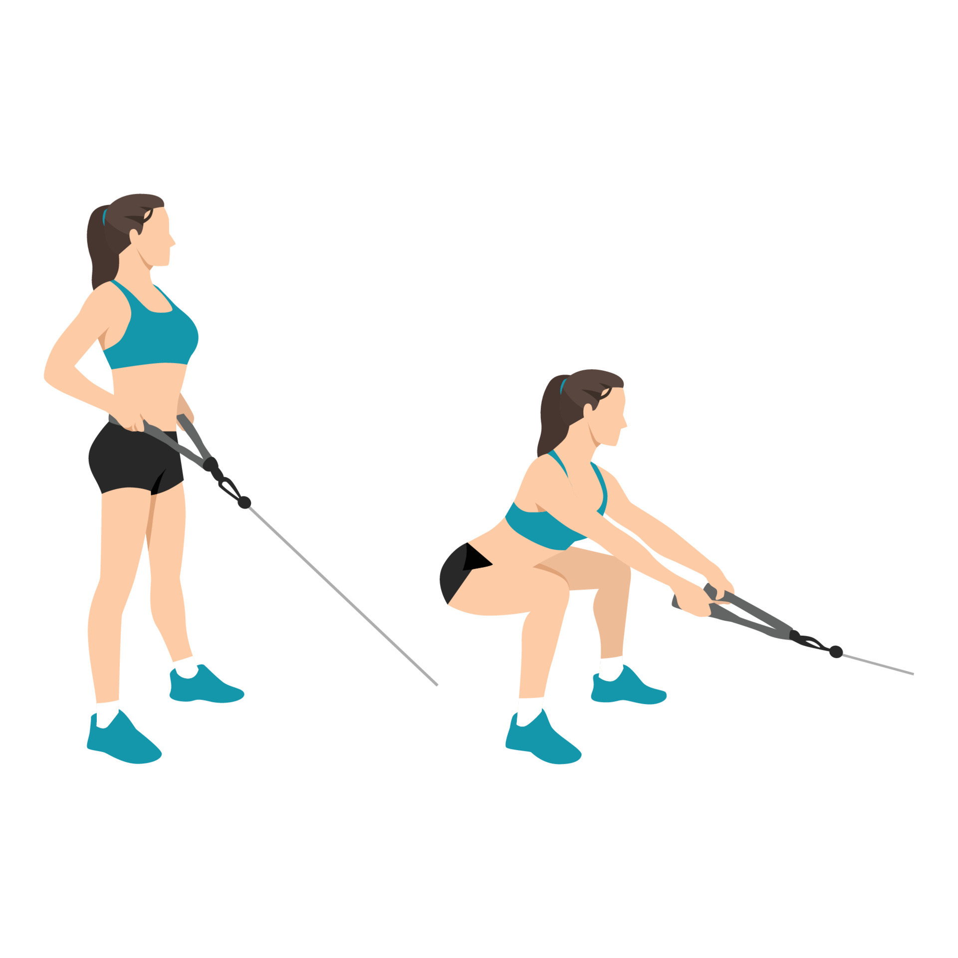 Woman doing cable squat rows exercise flat vector illustration isolated