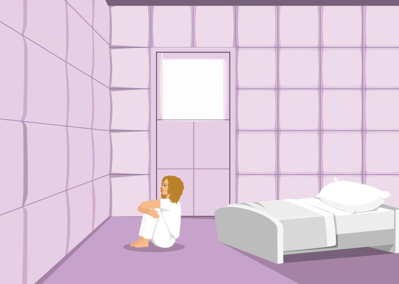 Woman in straitjacket in asylum, girl patient of mentally clinic. Madhouse room with bed vector