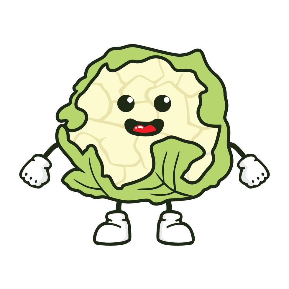 Illustration with funny character. Funny and healthy food. Vitamins contained in cauliflower. Food with cute face. Vector cartoon.