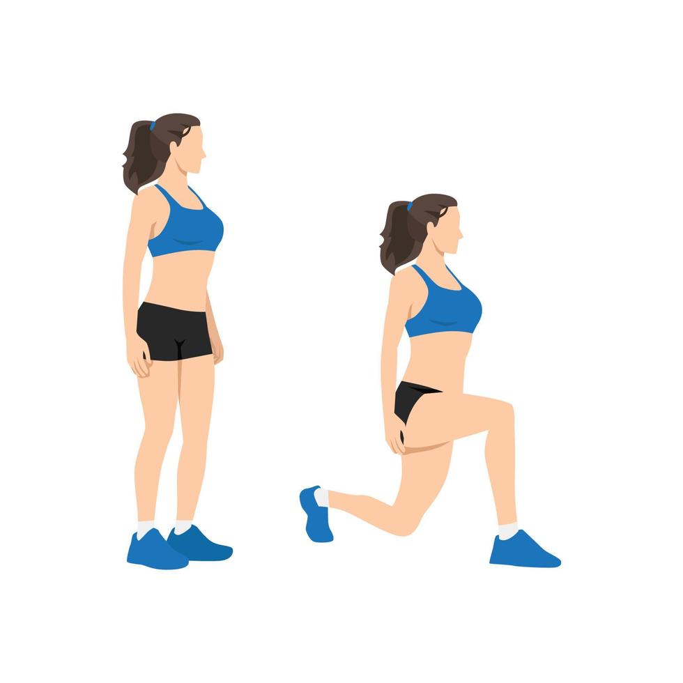 Woman doing body weight walking lunges flat vector illustration isolated on white background