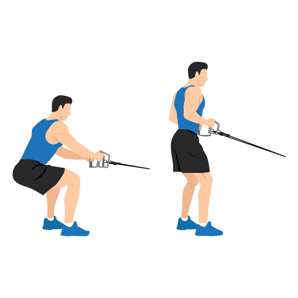 Man doing cable squat rows exercise flat vector illustration isolated on white backgound. Row squats