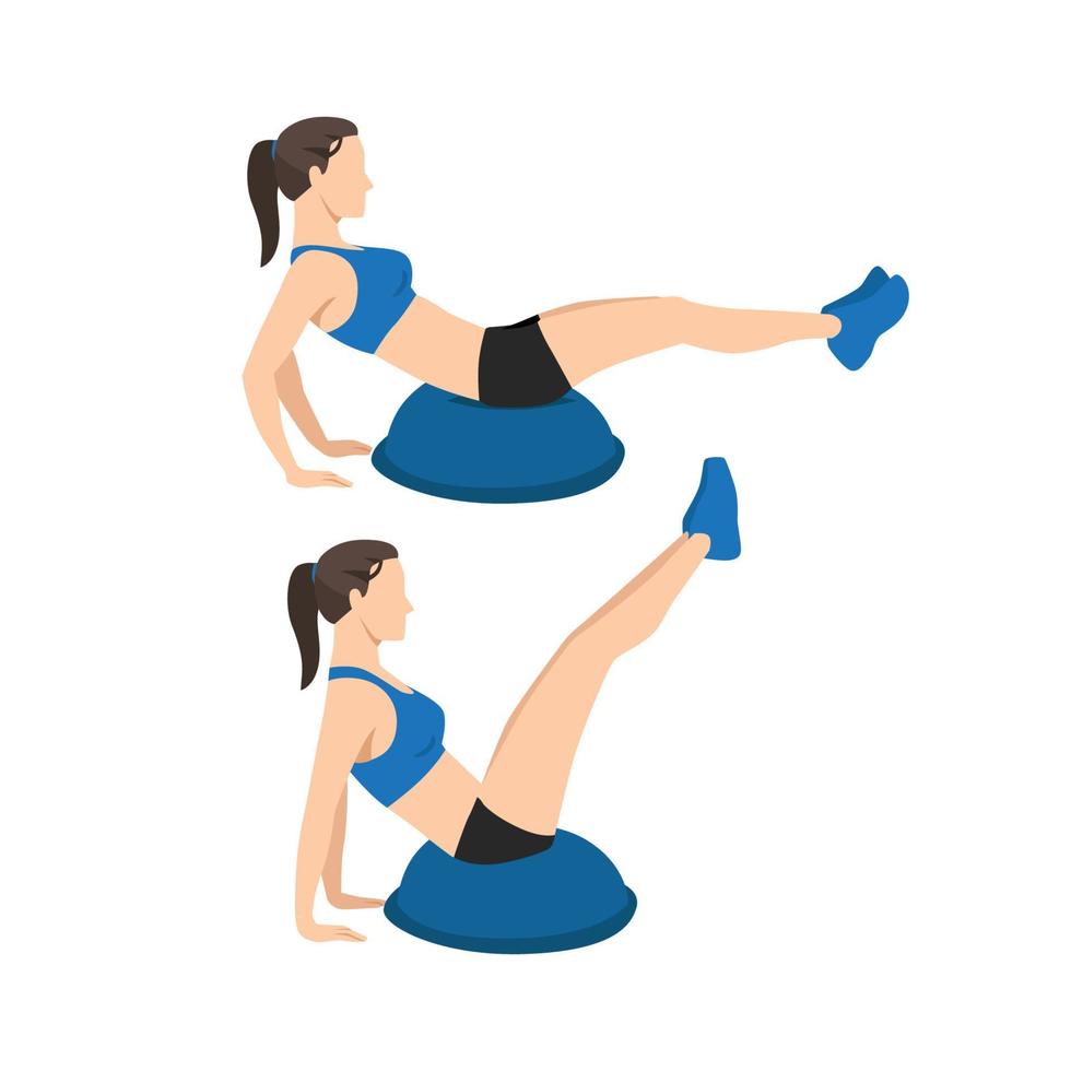 mujer haciendo ejercicio v-ups usando bosu ball ilustración vectorial plana aislada en fondo blanco vector