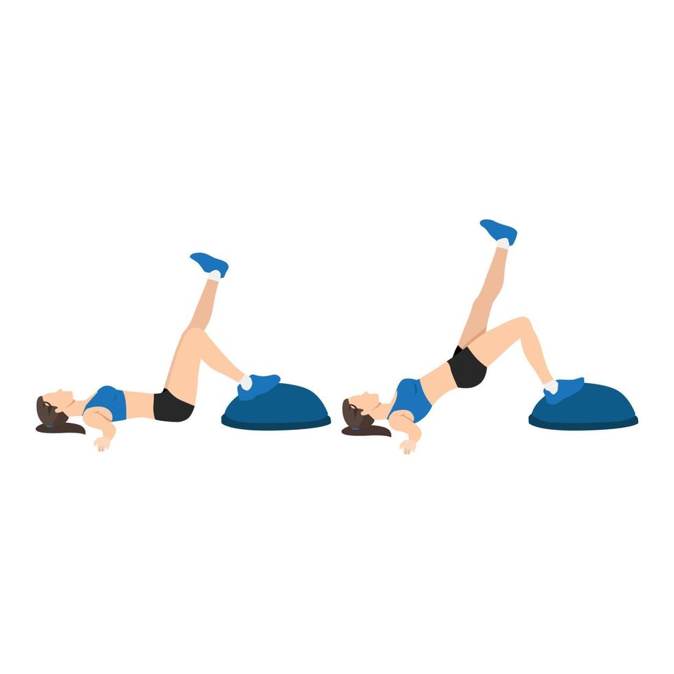 Woman doing single leg bridge exercise with Bosu ball. Thrusts. extensions raises flat vector illustration isolated on white background