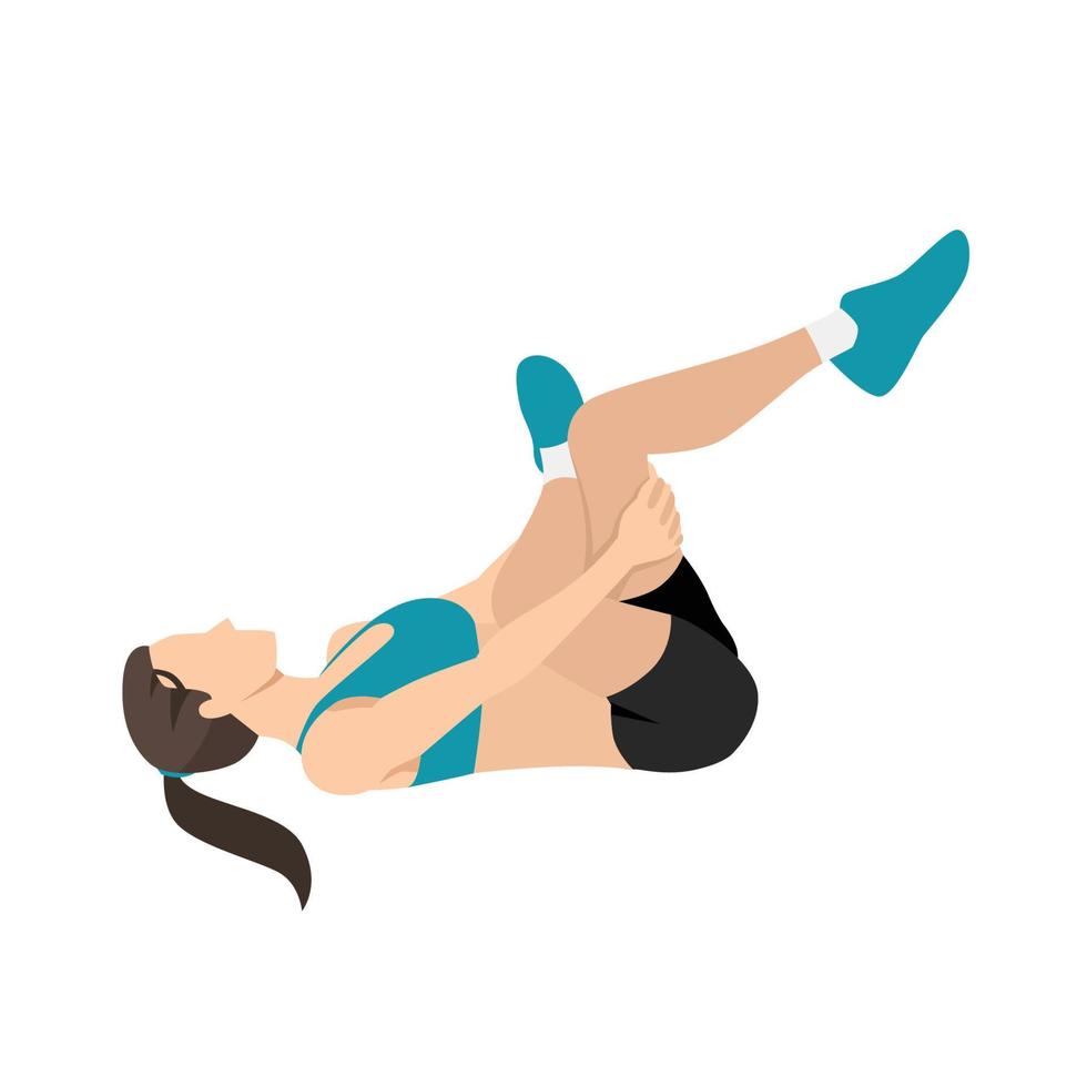 Woman doing gluten stretch exercise flat vector illustration isolated on white background