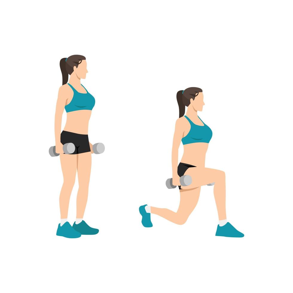 Woman doing dumbbell lunges exericise flat vector illustration isolated on white background