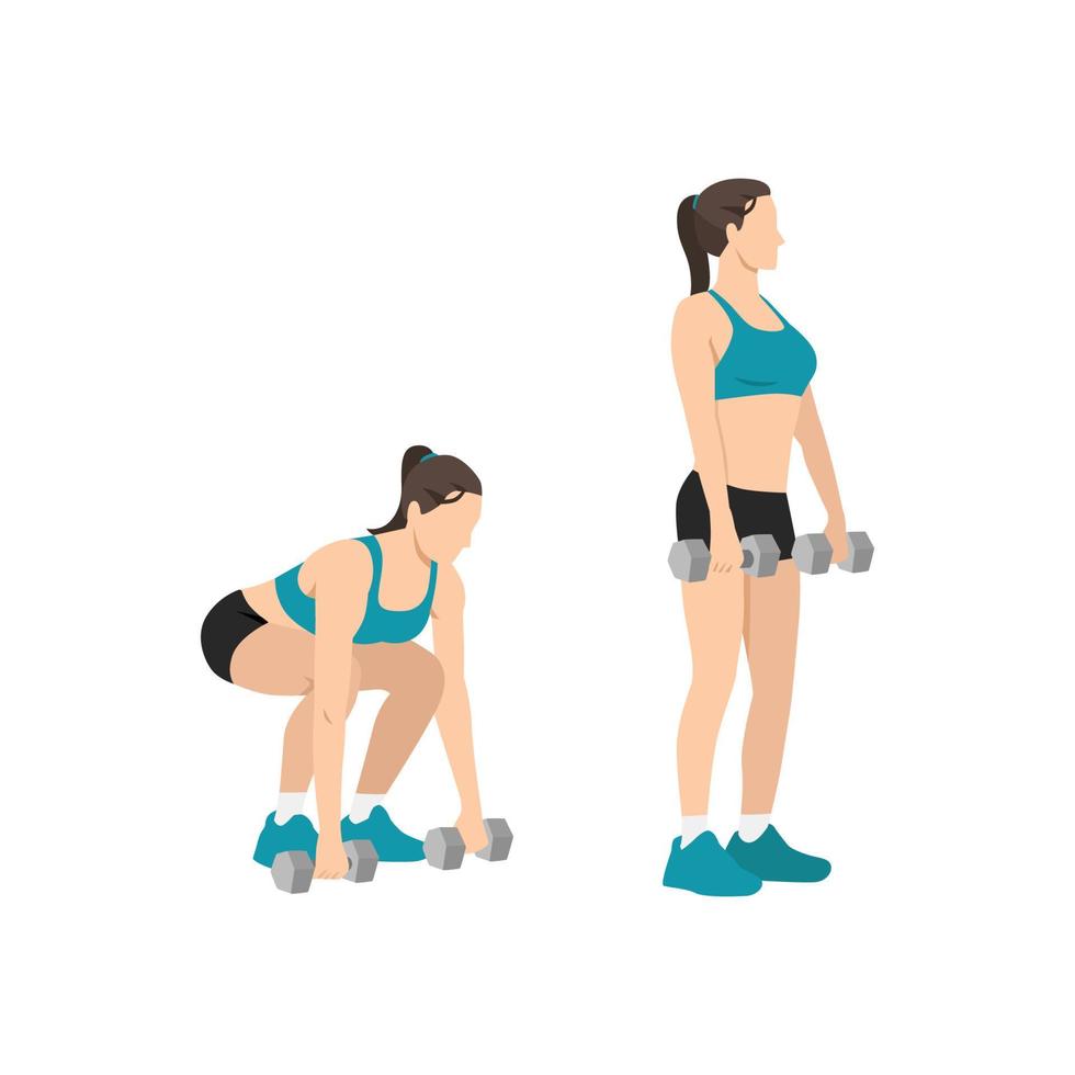 Woman doing dumbbell deadlift exercise flat vector illustration isolated on white background