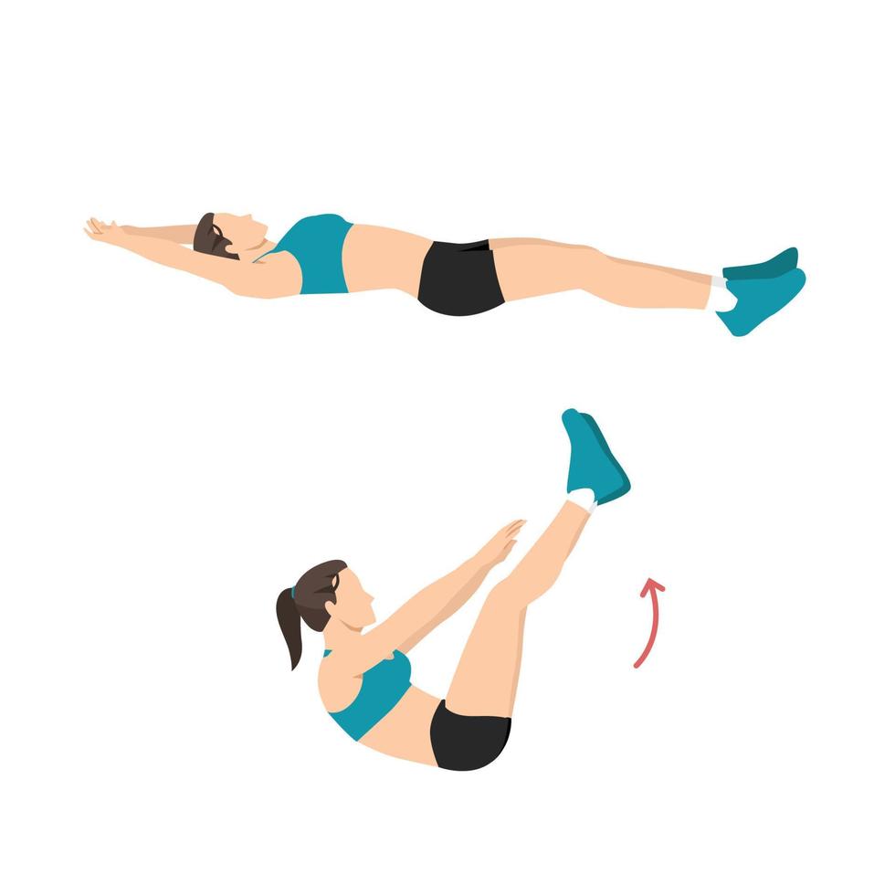 Woman doing toe touches. Jackknife sit ups. Crunches exercise flat vector illustration isolated on white background