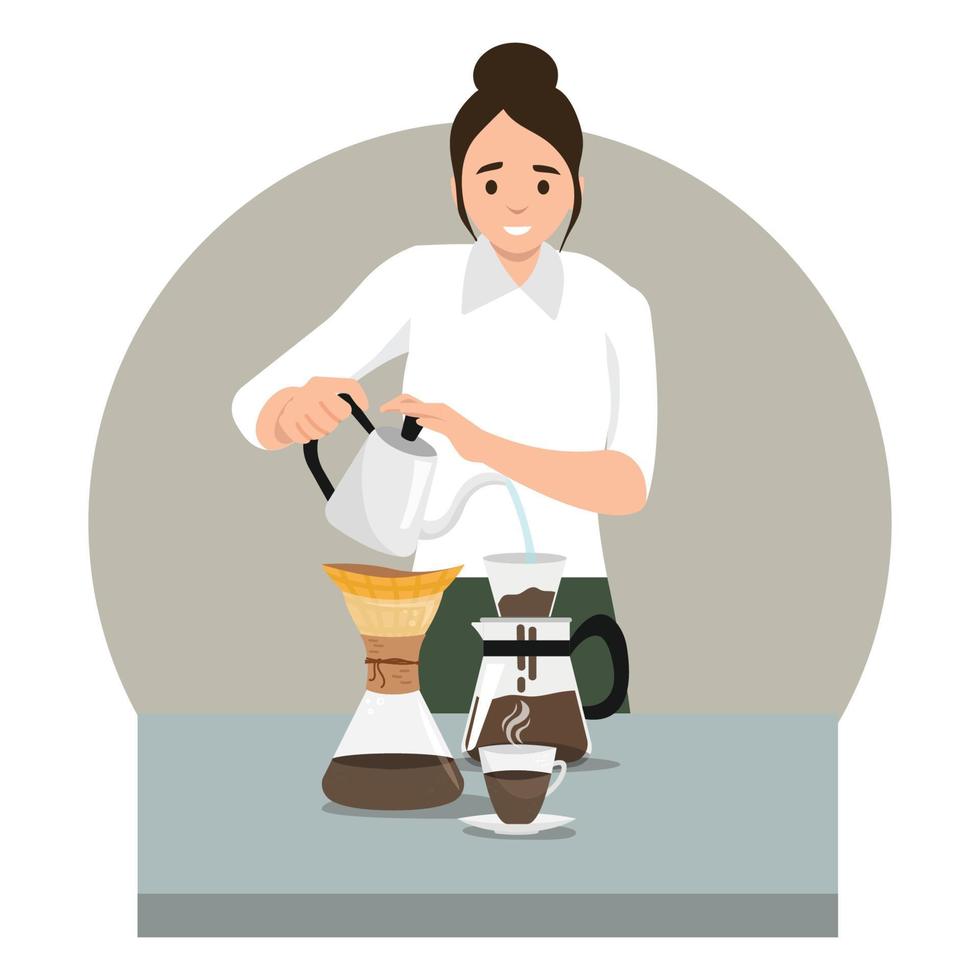 Process of roasting coffee beans in industrial roaster. Barista monitors operation of equipment. Bags with raw and finished product. Packaged coffee in paper bags on shelves. Flat cartoon vector