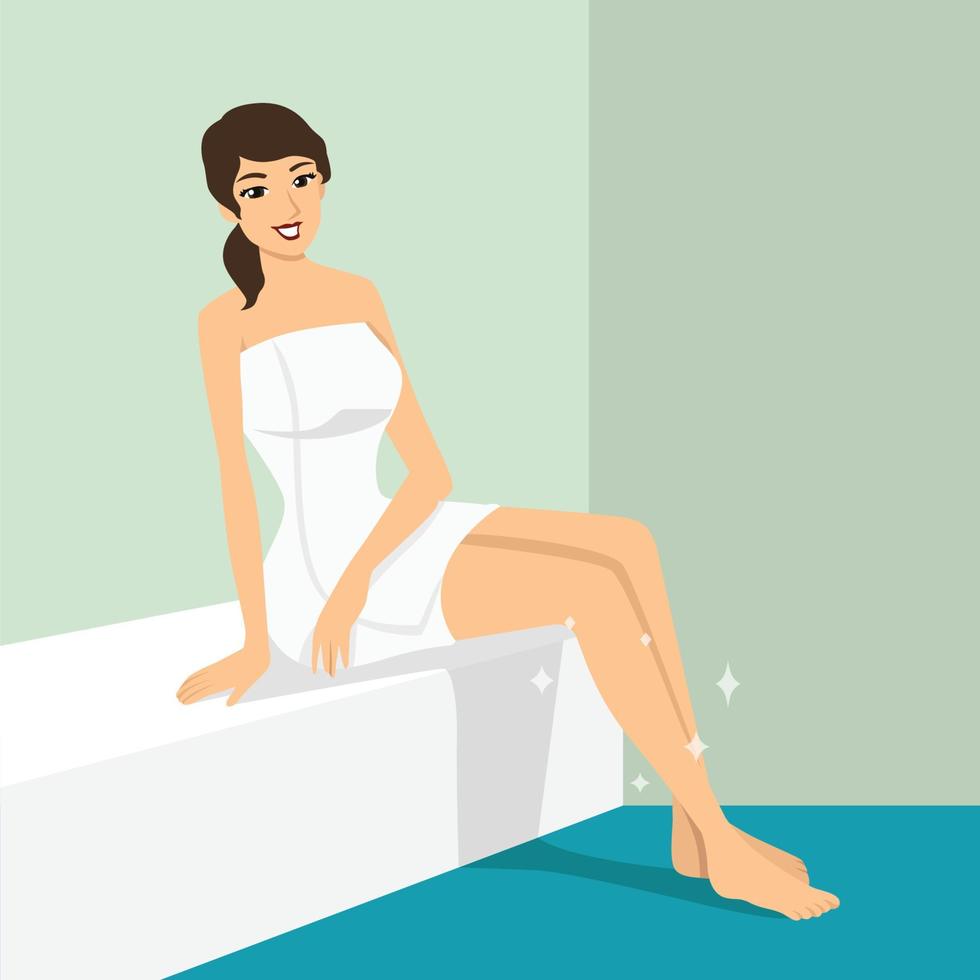 Beauty, skincare, depilation concept. Young cheerful woman in towel on body and head does depilation. Skincare makes people beautiful. Happy girl shaves legs in bathroom. Simple flat vector