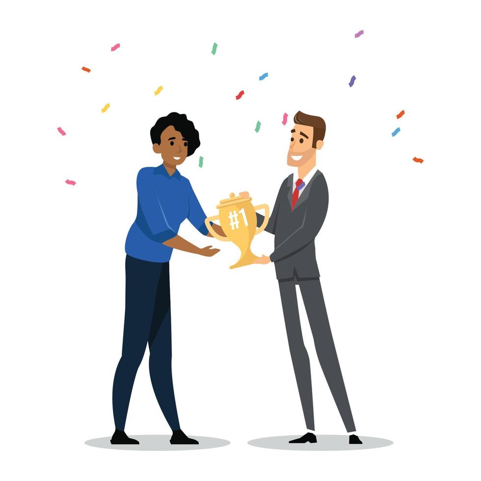 Businesspeople friends and office colleague congratulation to excellent employee who holding trophy and winning award. Line art, simple design. vector