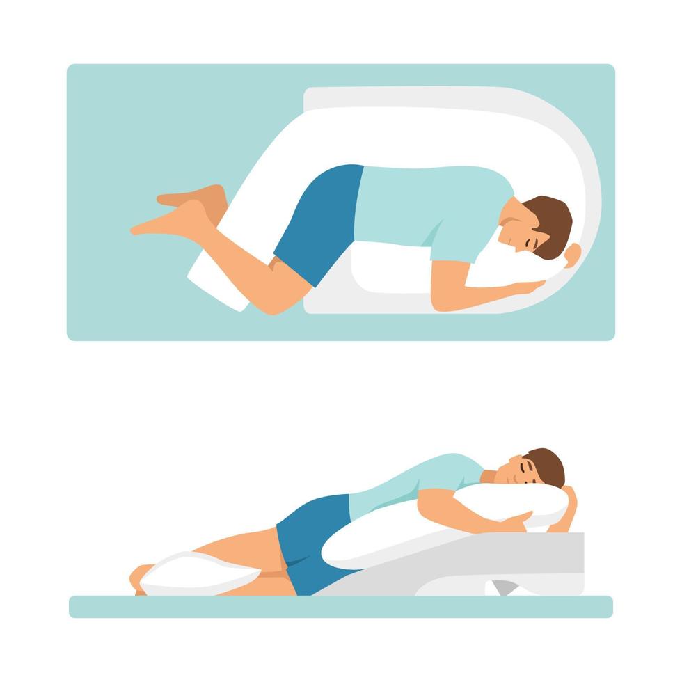 Correct sleeping poses. Caring for health of back. vector illustration.