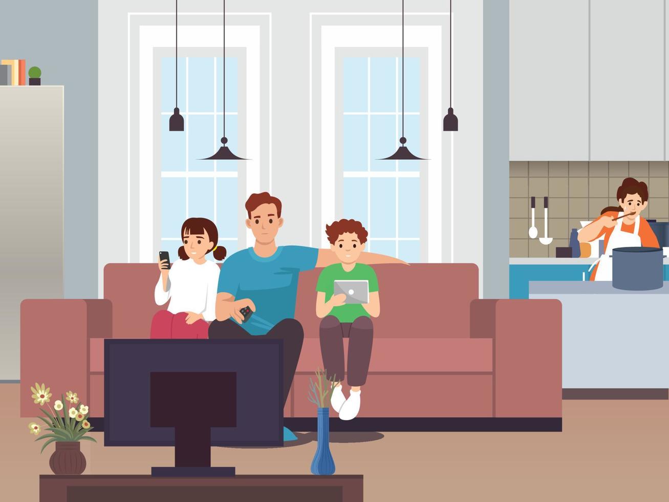 Happy family watching television sitting on the couch at home. Vector illustration in a flat style