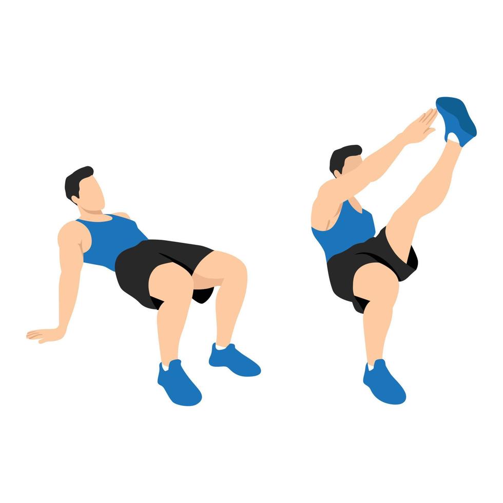 Man doing Crab toe touches exercise. Flat vector illustration isolated on white background