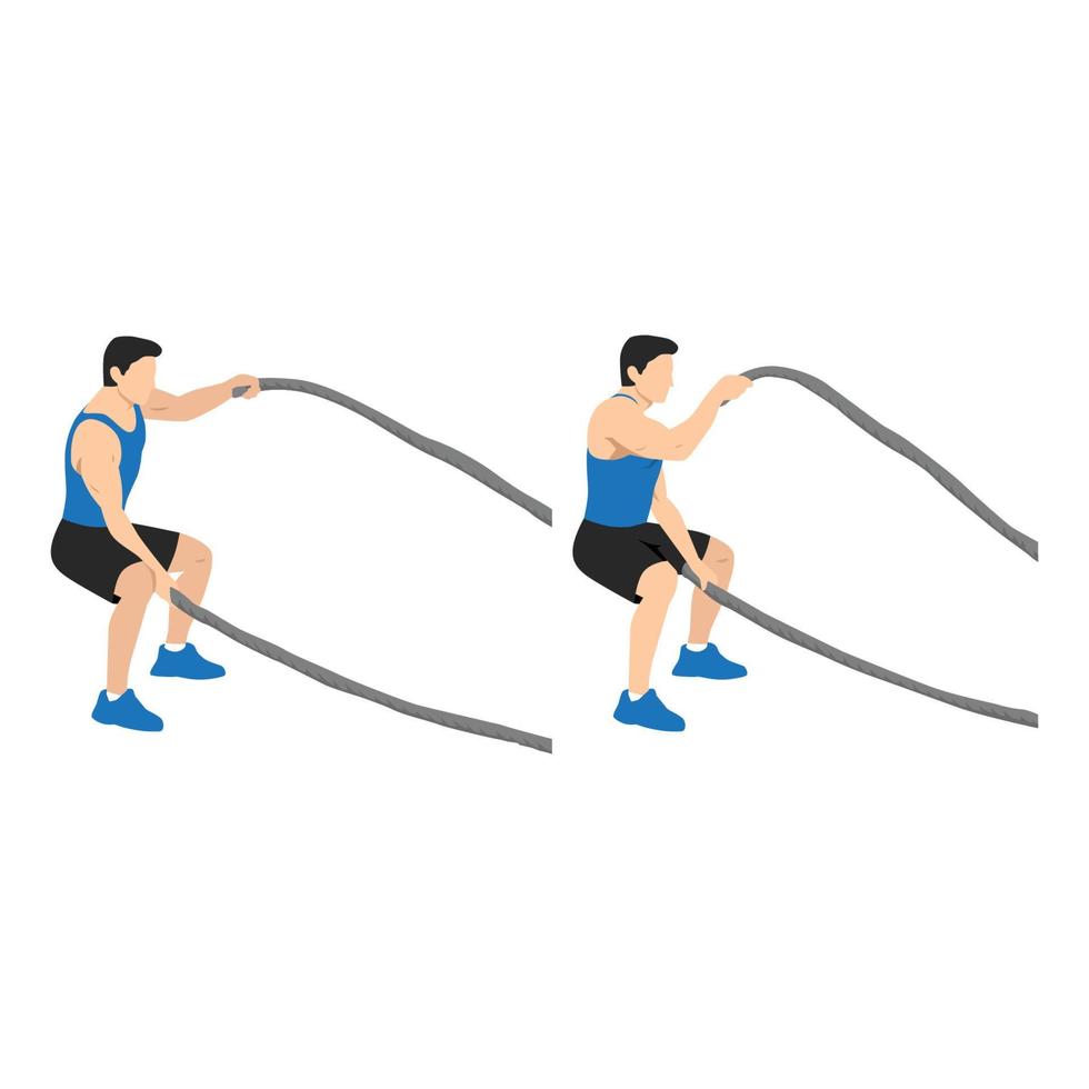 Man daoing battle rope squatting alternating waves flat vector illustration isolated on white background