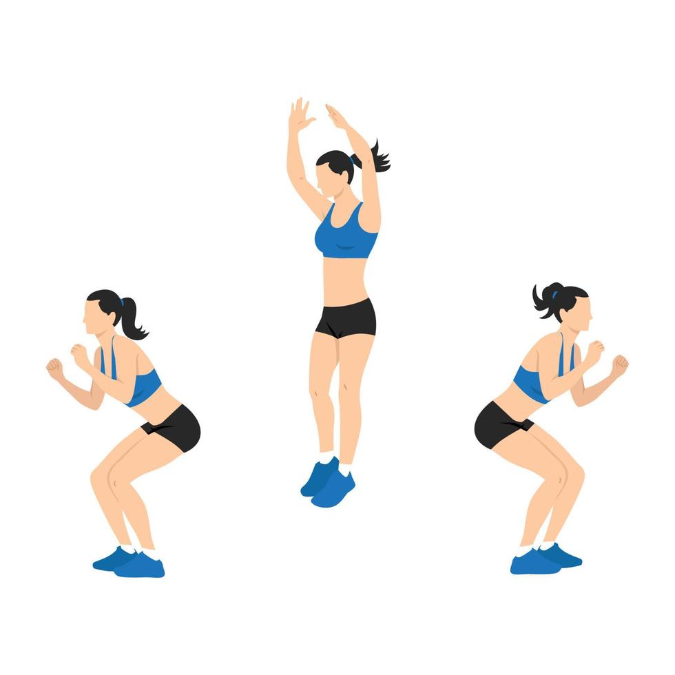 Sentadillas con salto con giro de 180 grados. ejercicio deportivo. vector de una mujer haciendo ejercicio. entrenamiento, ilustración vectorial de entrenamiento