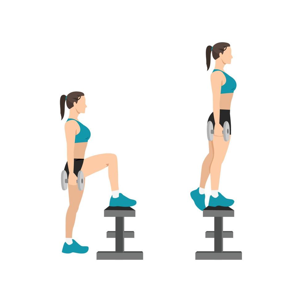 Woman doing dumbbell step ups exercise flat vector illustration isolated on white background