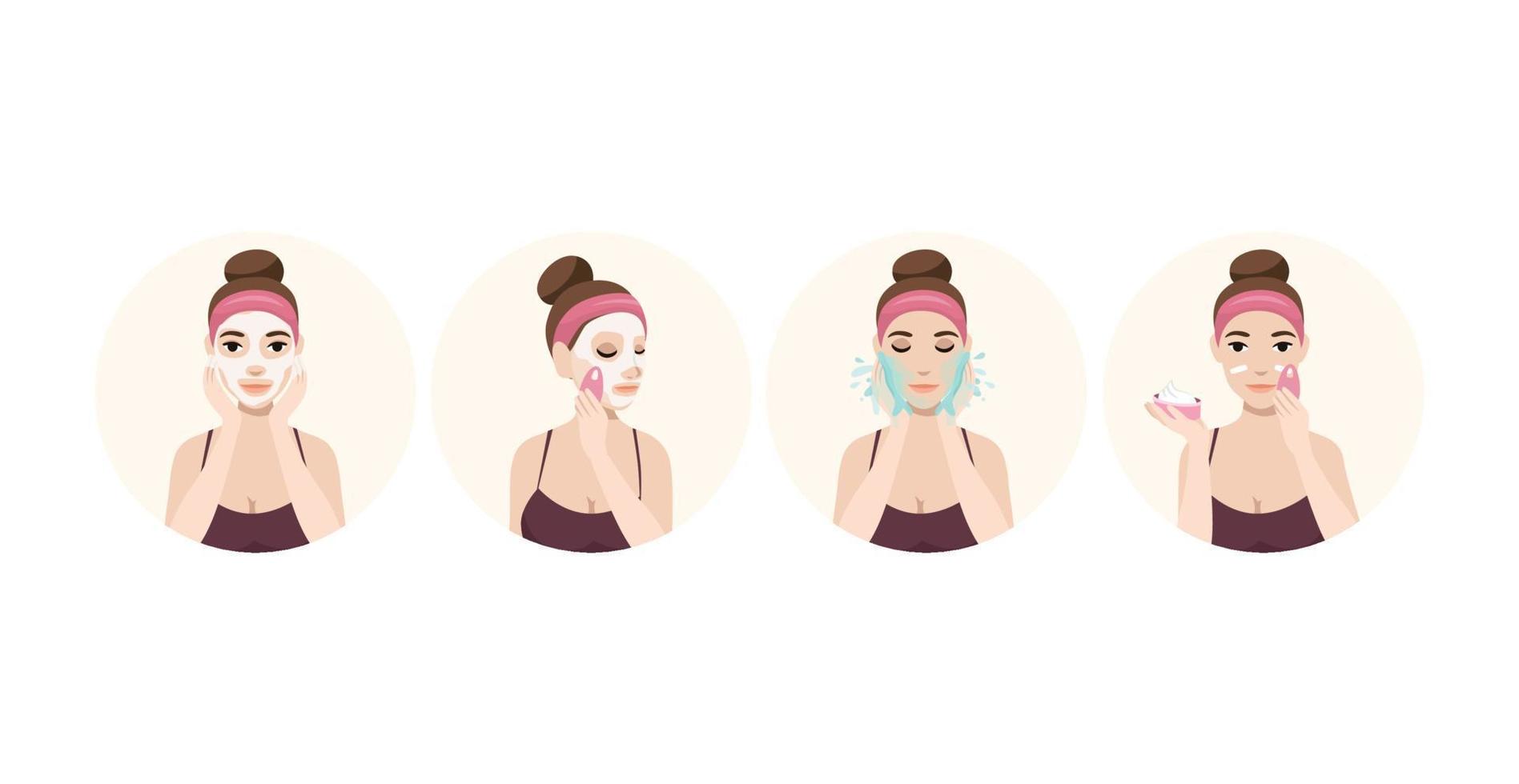 Attractive young woman with a towel around her head and body remove make-up, clean, wash and care her face with sponge. Facial treatment procedures. vector