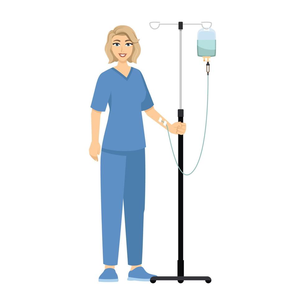 dama caminando en el pasillo con cuentagotas, hospital e ilustración de atención médica vector