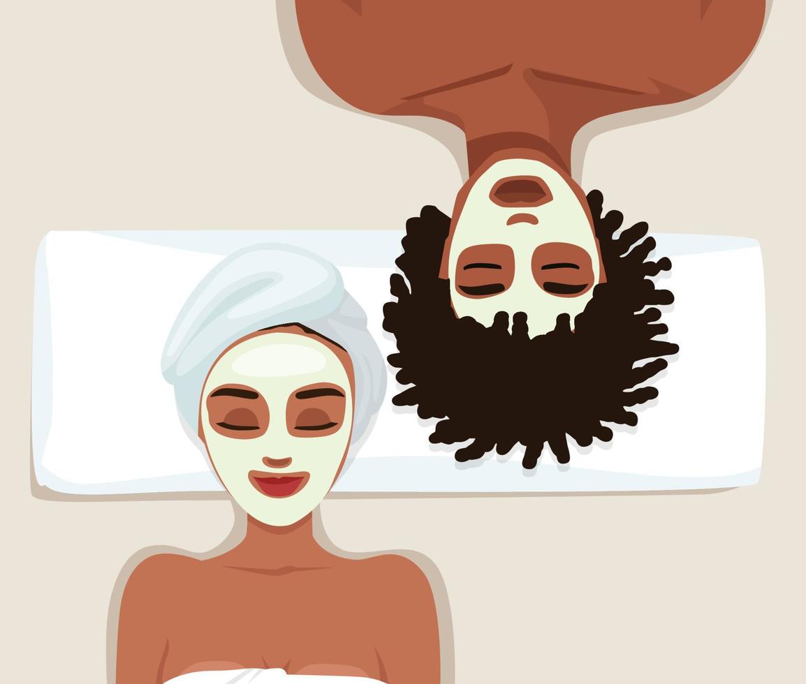 retrato de pareja con máscaras faciales de arcilla en la cara. tratamiento de spa para el cuidado de la piel de novias en albornoz y cintas para la cabeza. ilustración vectorial plana coloreada aislada sobre fondo blanco vector