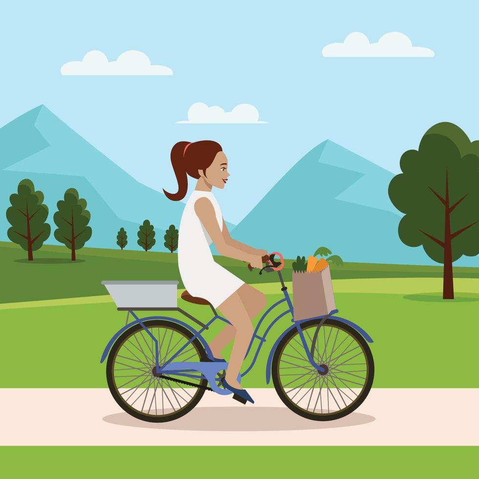 Woman cycling, fitness sport exercises. Person riding bicycle in forest park, enjoy healthy lifestyle. Girl ride by bicycle in park. Summer landscape with trees and leaves vector