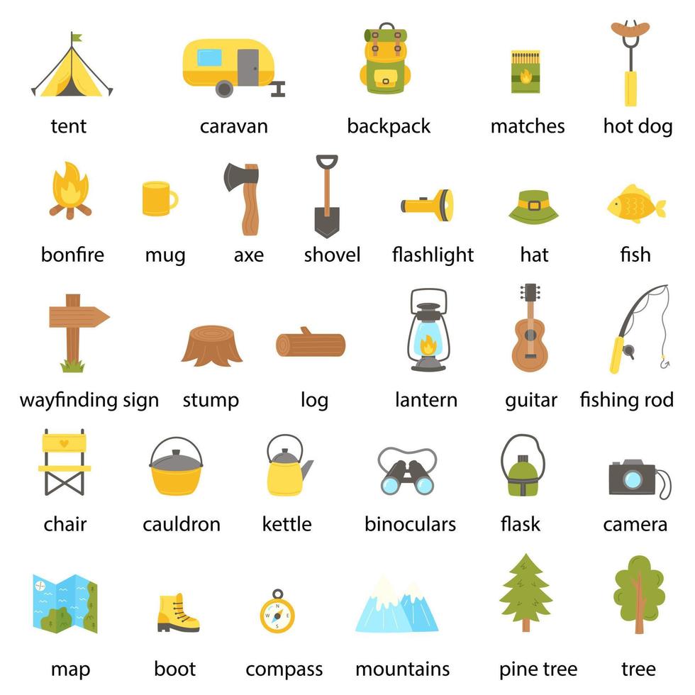 Set of cartoon camping utilities with names. vector
