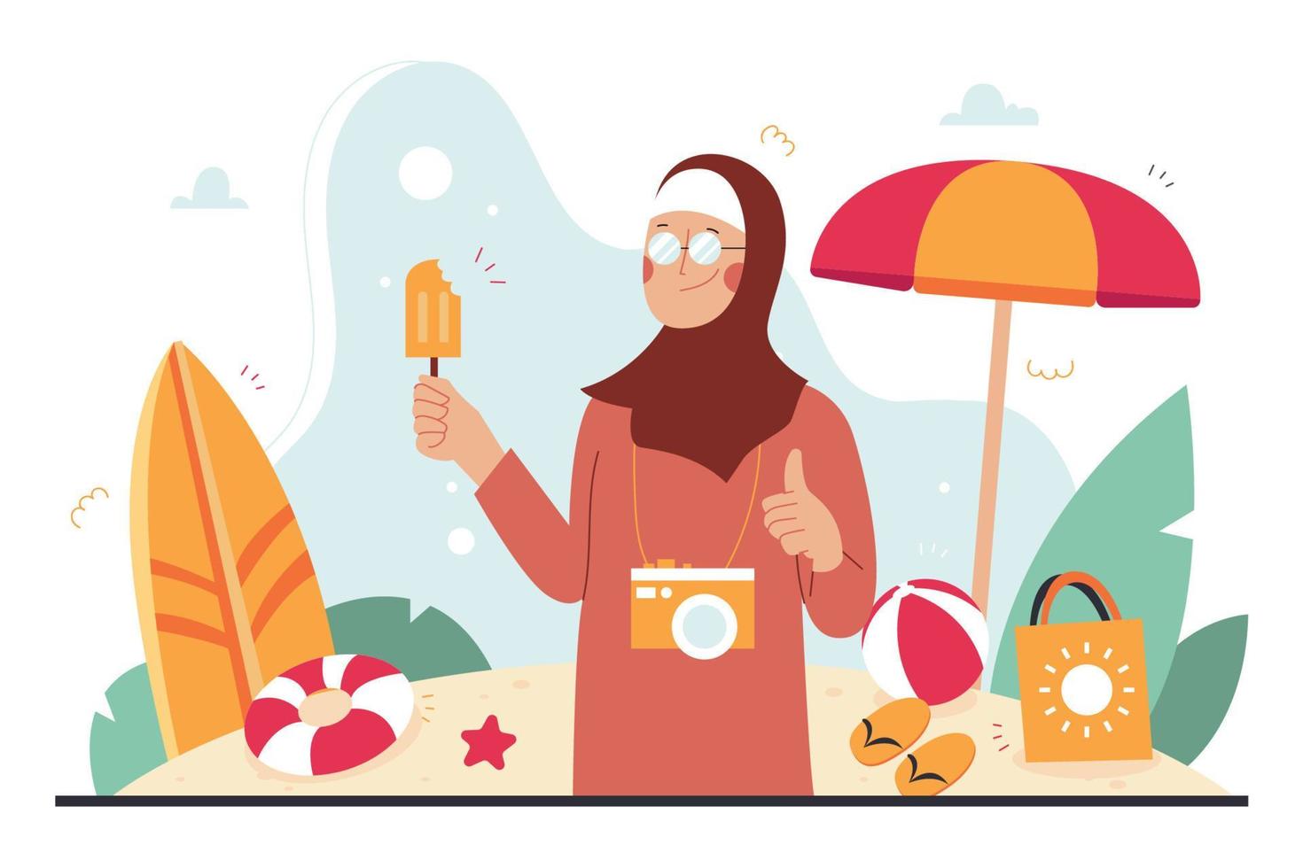 una mujer hijab disfrutando de un helado en la ilustración del día de verano vector