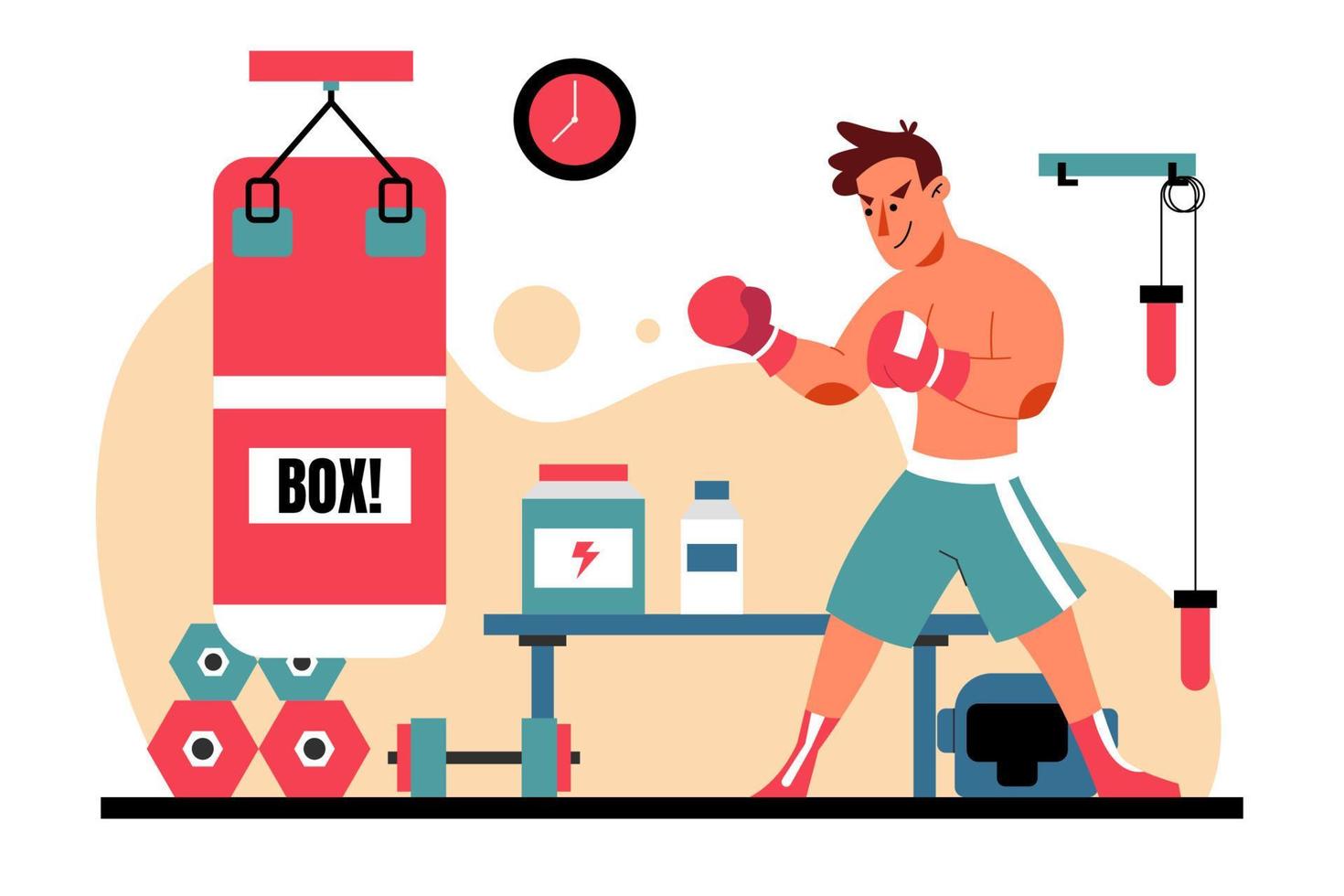 los boxeadores entrenan en el gimnasio de boxeo ilustración plana vector