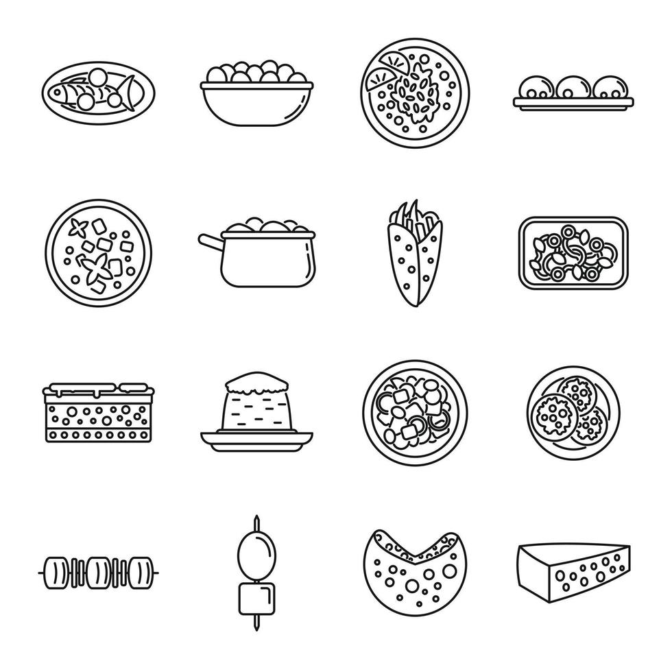 Travel Greece food icons set, outline style vector