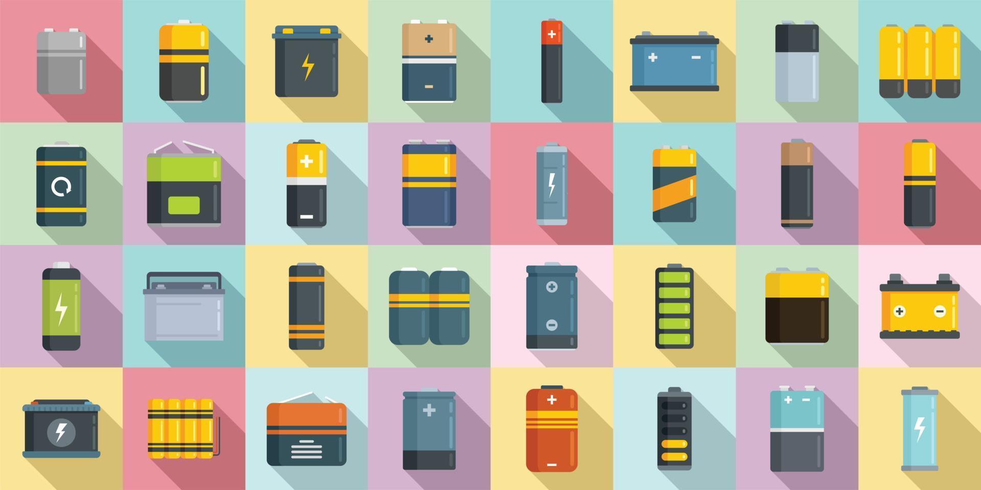 Battery icons set flat vector. Lithium cell vector