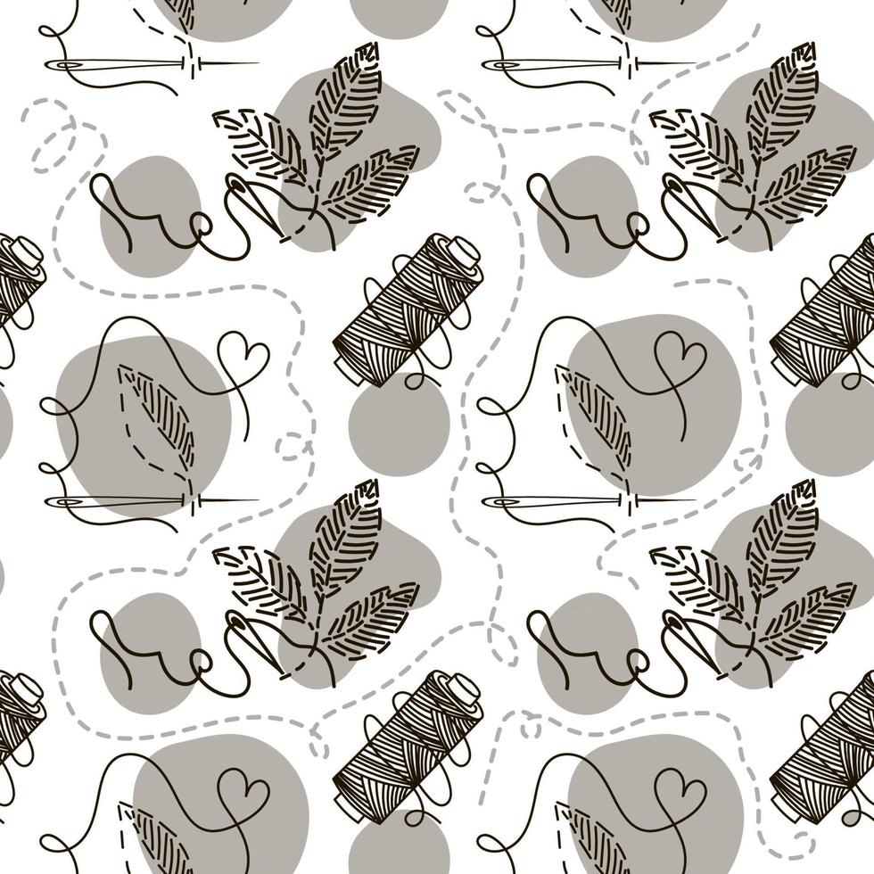 Seamless pattern of embroidered leaves, hand-drawn doodles in sketch style. Reel of thread. Needle and thread. Embroidery. Handmade. Thread. Illustration of a fancy black and white palette vector